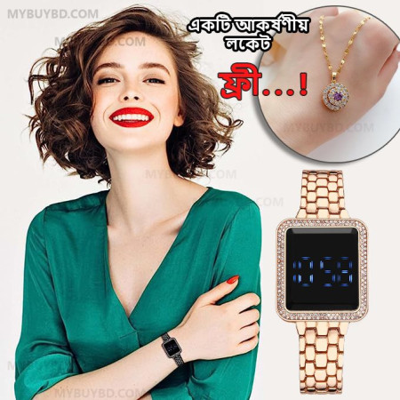 Luxury Ladies Diamond Electronic Stainless Steel LED Digital Wristwatch (Gold Color)