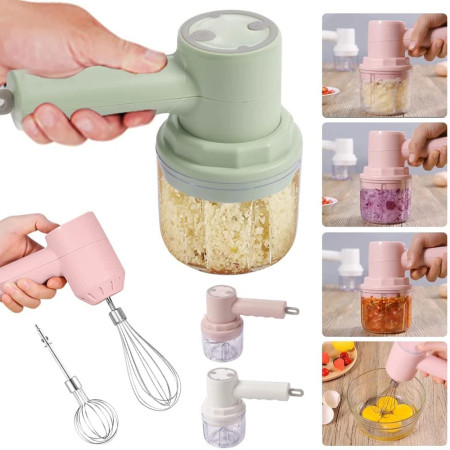 3 In1 Electric Blender Garlic Chopper Masher USB Rechargeable Wireless Food Mixer Cordless Stainless Steel Whisk Egg Beater Handheld Milk Coffee Frother